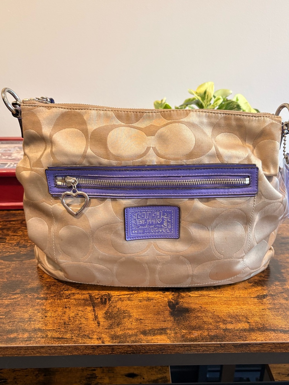 Coach Beige Signature Crossbody with Purple Trim and Heart Charm